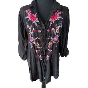 SPOON JEANS Black Floral Embroidered Dress Vintage Medium‎ Flowers Rayon